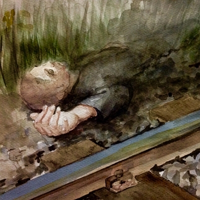 Aquarellzeichnung: Ein Mann liegt leblos neben Eisenbahnschienen
