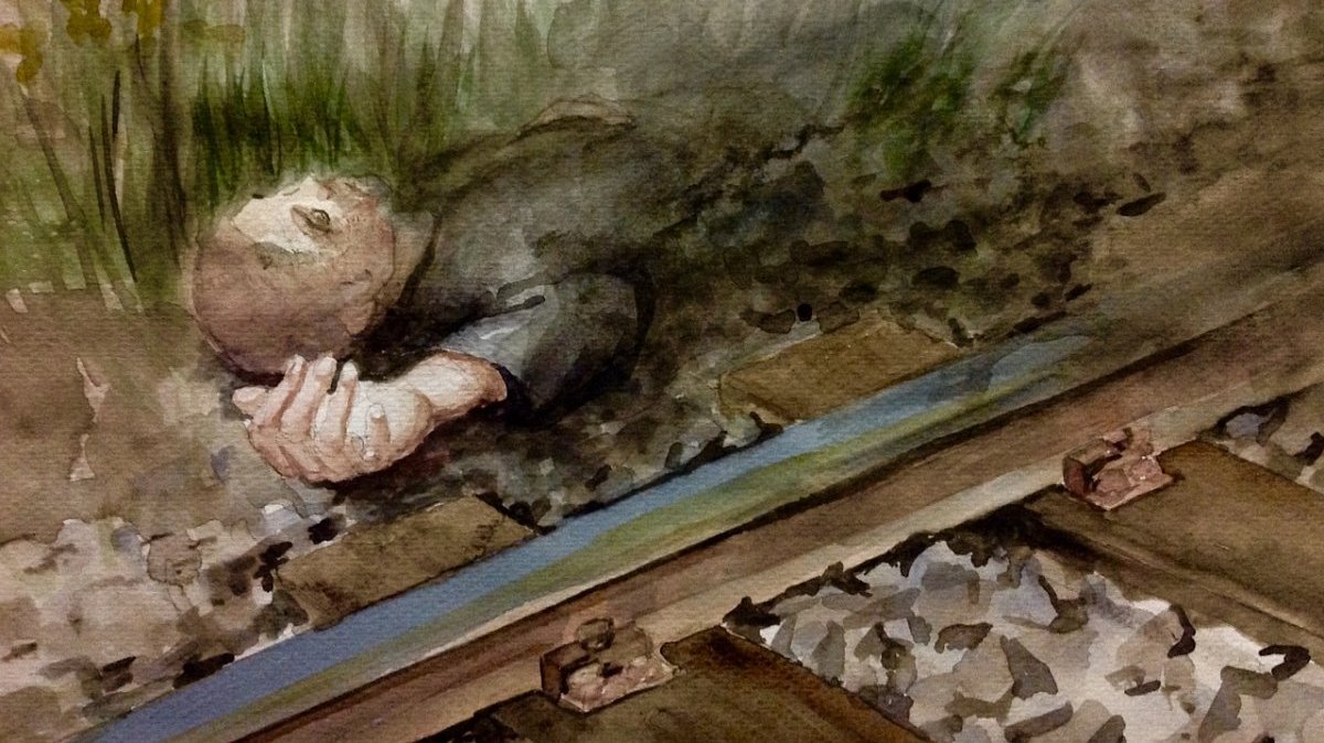 Aquarellzeichnung: Ein Mann liegt leblos neben Eisenbahnschienen